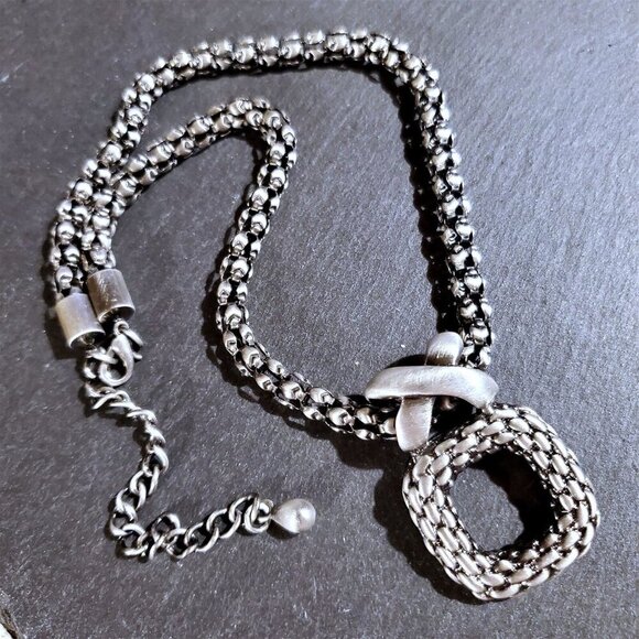 PinkDiva Jewelry - Silver Braided Criss Cross Bold Modernist Square Pendant Necklace